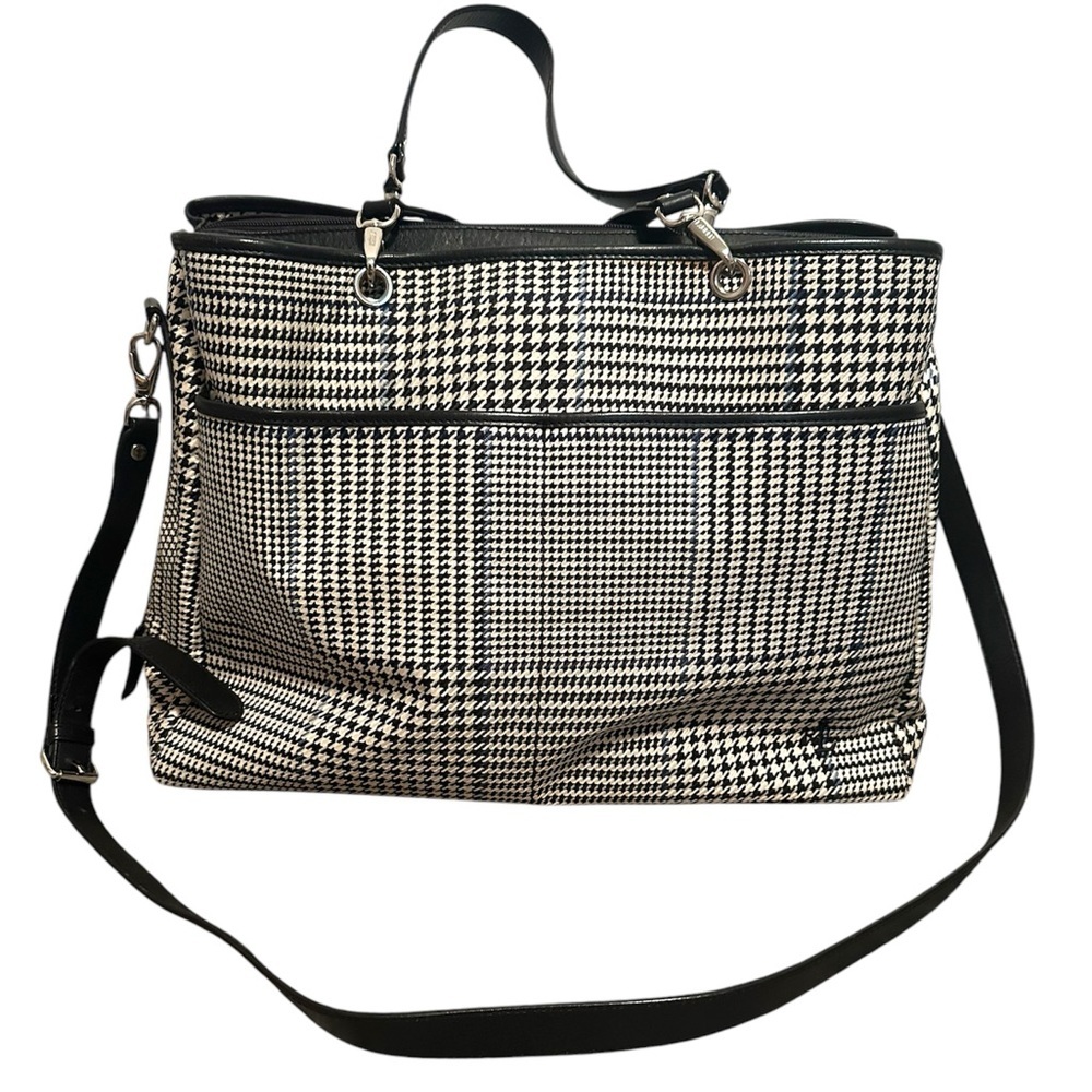 RALPH LAUREN EXTRA LARGE BLACK WHITE BLUE PLAID HOUNDSTOOTH TOTE BAG PURSE